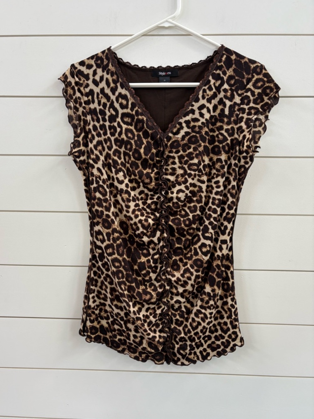 Style & Co. Y2K Leopard Print Top with Ruffles and Sequins